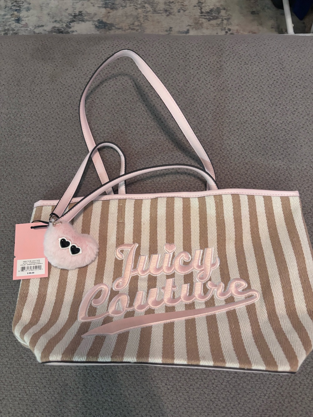 Juicy Couture Pink and Beige Striped Tote with Pom Charm